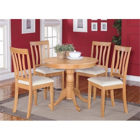East West Furniture 5 -Piece Antique Round Kitchen 36 in. Table and 4 Chairs with Faux Leather seat ANTI5-OAK-LC